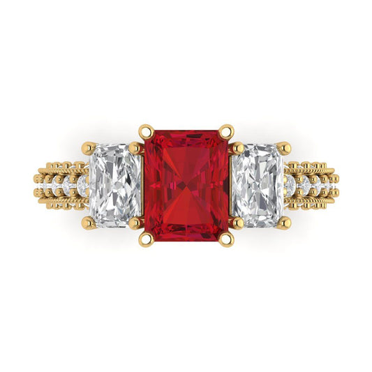 3.61 cttw Simulated Pink Tourmaline Three-Stone Engagement Ring - Solid Yellow Gold (VVS1, Emerald Cut,8x6mm)