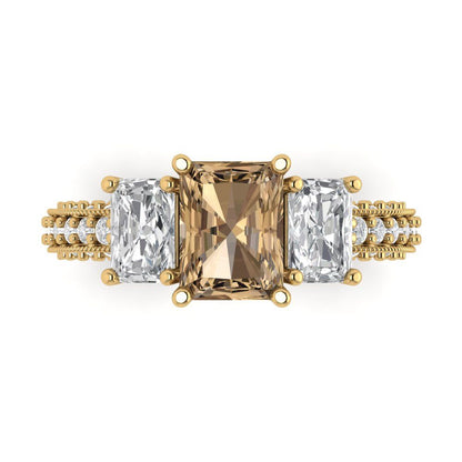 3.61 cttw Zirconia Simulated Champagne Diamond Three-Stone Engagement Ring - Solid Gold (VVS1, Emerald Cut,8x6mm)