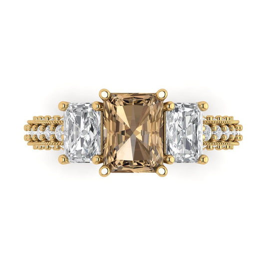 3.61 cttw Zirconia Simulated Champagne Diamond Three-Stone Engagement Ring - Solid Yellow Gold (VVS1, Emerald Cut,8x6mm)