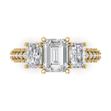 3.28 ct Brilliant Emerald Cut Natural Diamond Stone Clarity SI1-2 Color G-H Yellow Gold Solitaire with Accents Three-Stone Ring