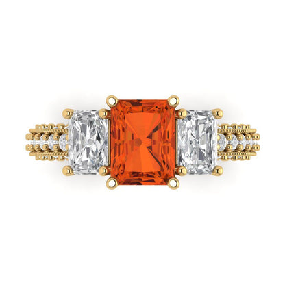 3.61 cttw Zirconia Simulated Red Diamond Three-Stone Engagement Ring - Solid Gold (VVS1, Emerald Cut,8x6mm)