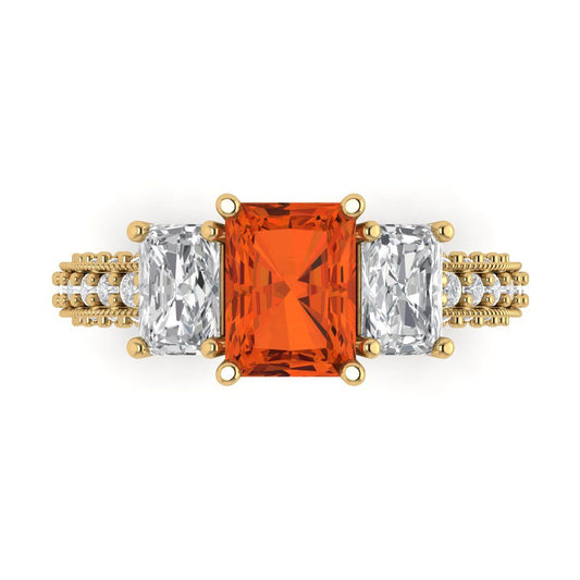3.61 cttw Zirconia Simulated Red Diamond Three-Stone Engagement Ring - Solid Yellow Gold (VVS1, Emerald Cut,8x6mm)