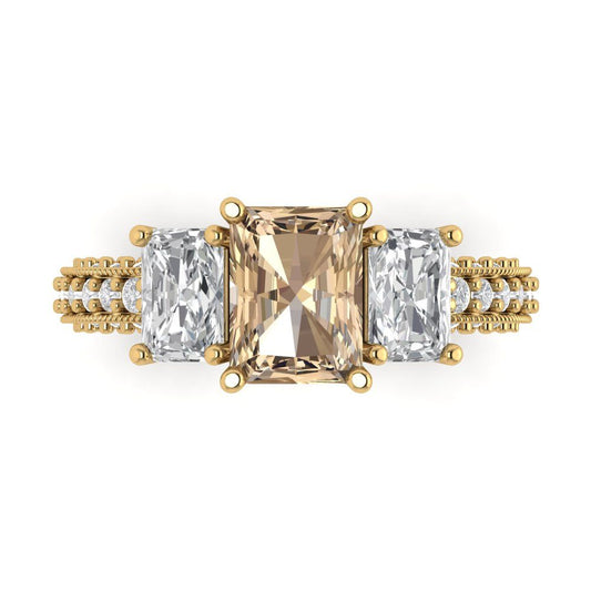 3.61 cttw Yellow Moissanite Three-Stone Engagement Ring - Solid Yellow Gold (VVS1, Emerald Cut,8x6mm)