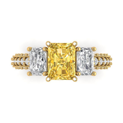 3.61 cttw Zirconia Simulated Yellow Diamond Three-Stone Engagement Ring - Solid Gold (VVS1, Emerald Cut,8x6mm)