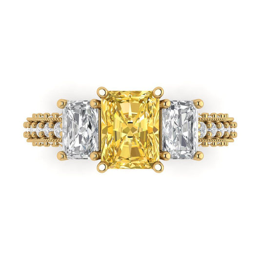 3.61 cttw Zirconia Simulated Yellow Diamond Three-Stone Engagement Ring - Solid Yellow Gold (VVS1, Emerald Cut,8x6mm)