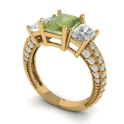 3.61 cttw Natural Peridot Three-Stone Engagement Ring - Solid Gold (Emerald Cut,8x6mm)