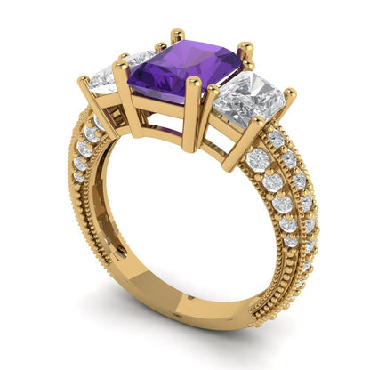 3.61 cttw Natural Amethyst Three-Stone Engagement Ring - Solid Gold (Emerald Cut,8x6mm)
