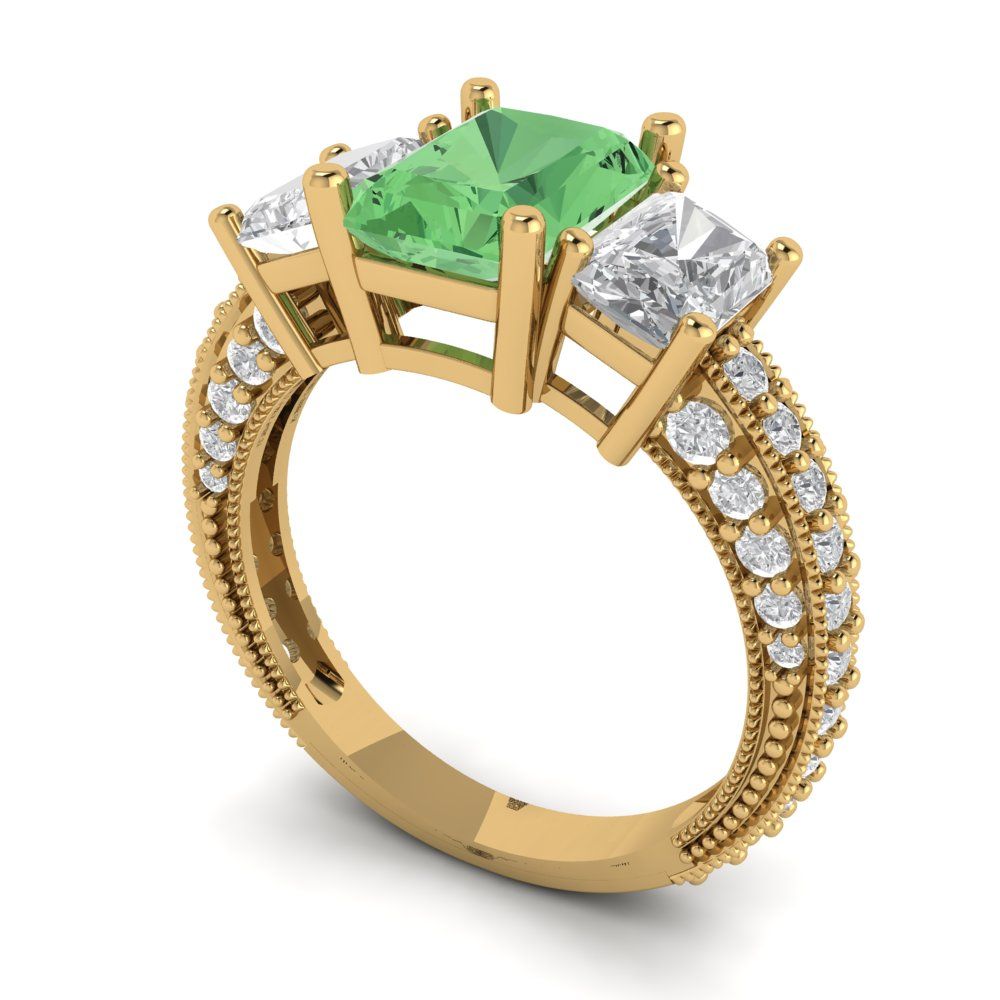 3.61 cttw Zirconia Simulated Green Diamond Three-Stone Engagement Ring - Solid Gold (VVS1, Emerald Cut,8x6mm)