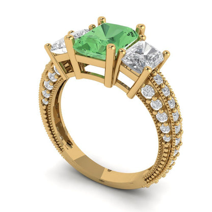 3.61 cttw Zirconia Simulated Green Diamond Three-Stone Engagement Ring - Solid Gold (VVS1, Emerald Cut,8x6mm)