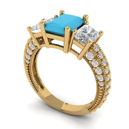 3.61 cttw Simulated Turquoise Three-Stone Engagement Ring - Solid Gold (Emerald Cut,8x6mm)