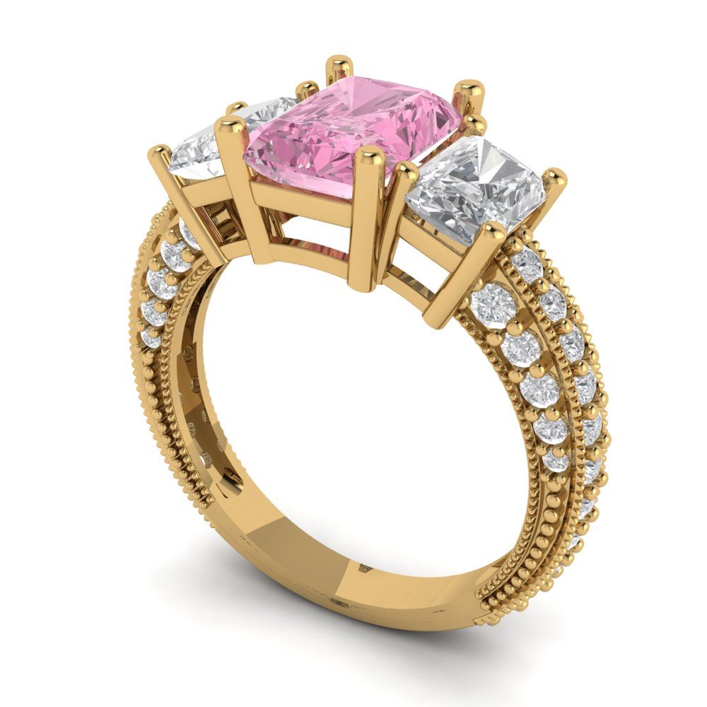 3.61 cttw Zirconia Simulated Pink Diamond Three-Stone Engagement Ring - Solid Gold (VVS1, Emerald Cut,8x6mm)
