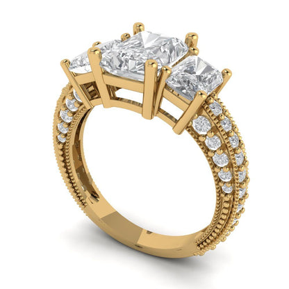 3.61 cttw Moissanite Three-Stone Engagement Ring - Solid Yellow Gold (VVS1, Emerald Cut,8x6mm)