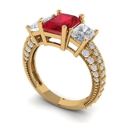 3.61 cttw Simulated Pink Tourmaline Three-Stone Engagement Ring - Solid Yellow Gold (VVS1, Emerald Cut,8x6mm)