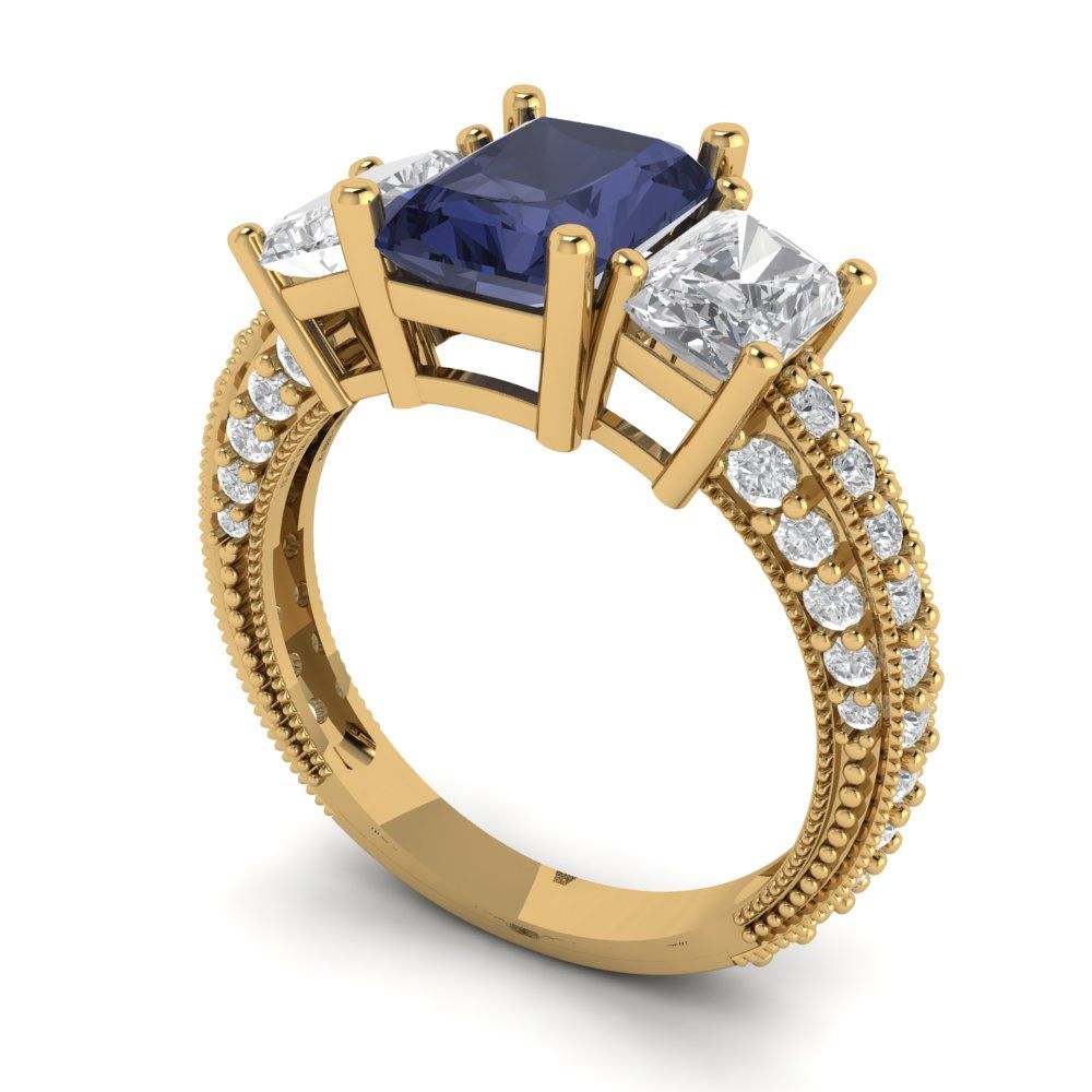 3.61 cttw Simulated Blue Sapphire Three-Stone Engagement Ring - Solid Gold (Emerald Cut,8x6mm)