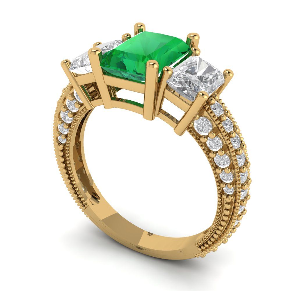 3.61 cttw Simulated Emerald Three-Stone Engagement Ring - Solid Gold (Emerald Cut,8x6mm)