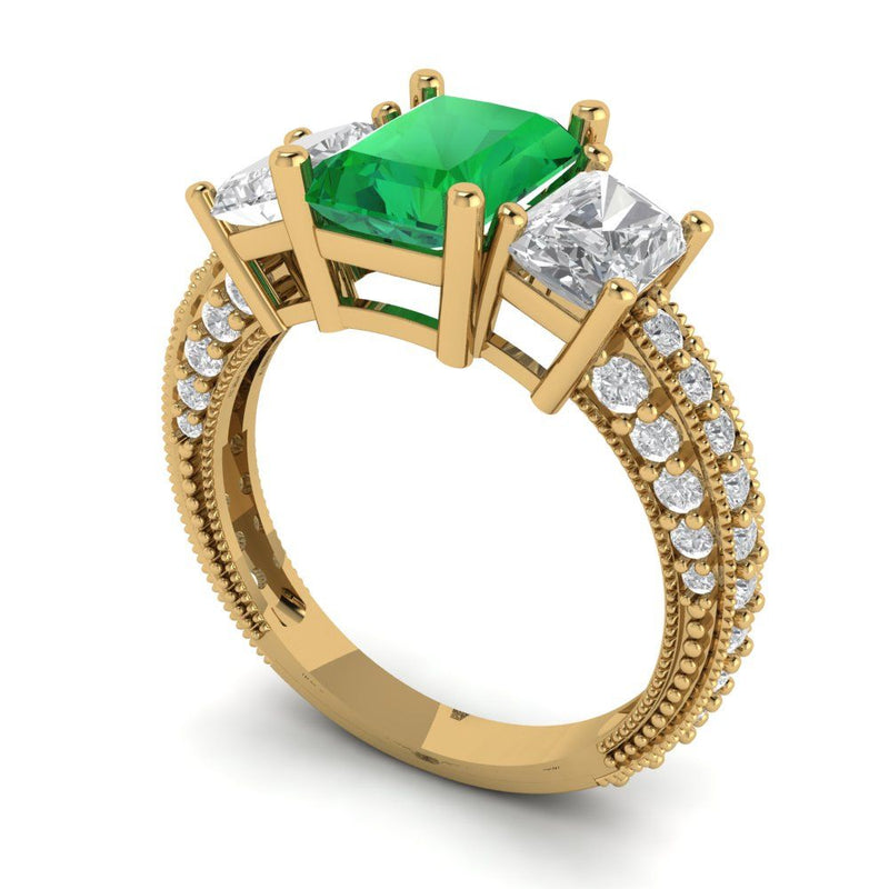 3.61 ct Brilliant Emerald Cut Simulated Emerald Stone Yellow Gold Solitaire with Accents Three-Stone Ring
