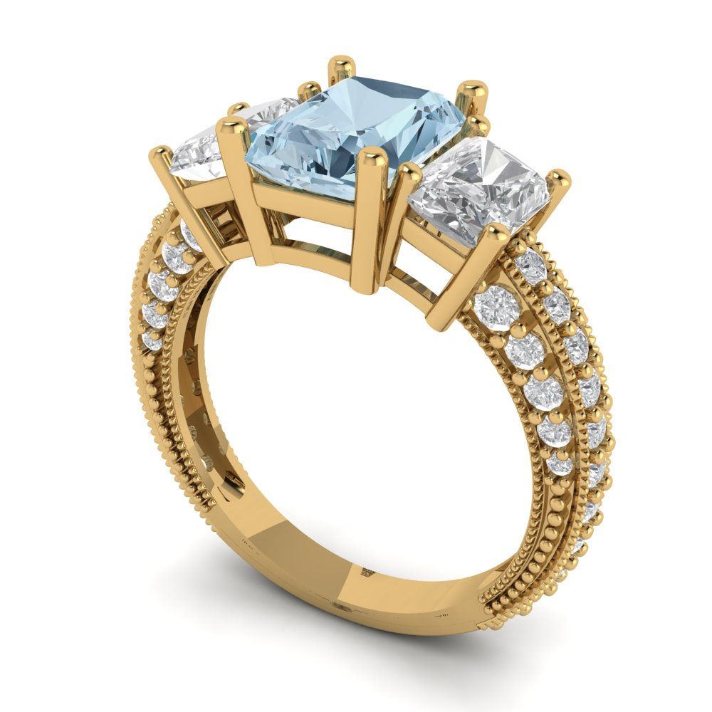 3.61 cttw Natural Aquamarine Three-Stone Engagement Ring - Solid Gold (Emerald Cut,8x6mm)