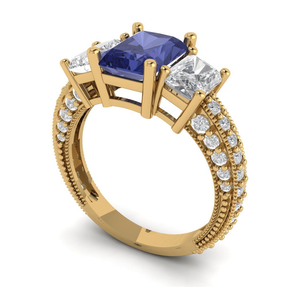 3.61 cttw Simulated Tanzanite Three-Stone Engagement Ring - Solid Yellow Gold (VVS1, Emerald Cut,8x6mm)