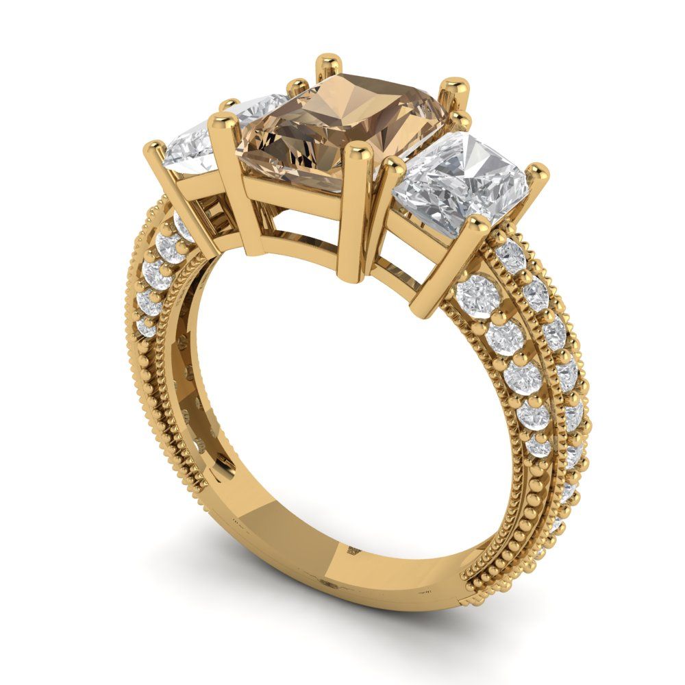 3.61 cttw Zirconia Simulated Champagne Diamond Three-Stone Engagement Ring - Solid Gold (VVS1, Emerald Cut,8x6mm)