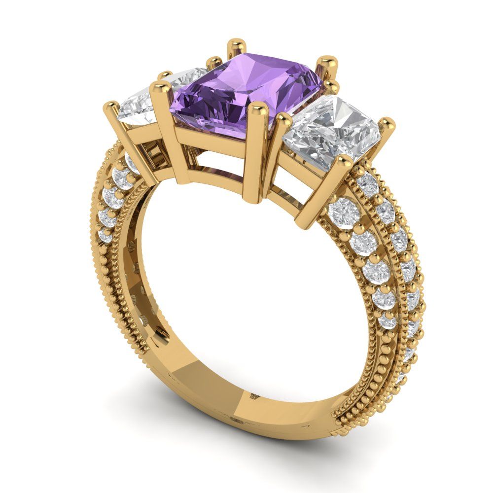 3.61 cttw Simulated Alexandrite Three-Stone Engagement Ring - Solid Yellow Gold (VVS1, Emerald Cut,8x6mm)