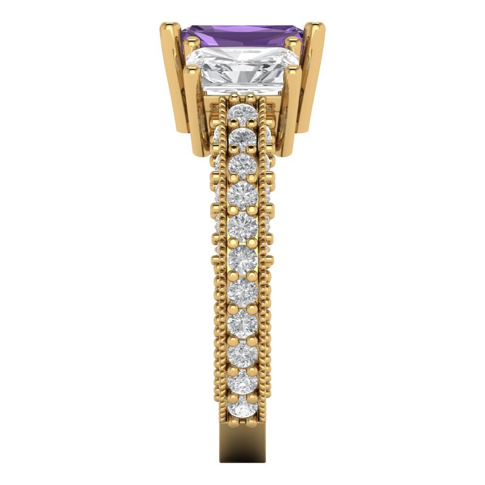 3.61 cttw Simulated Alexandrite Three-Stone Engagement Ring - Solid Yellow Gold (VVS1, Emerald Cut,8x6mm)