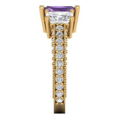 3.61 cttw Simulated Alexandrite Three-Stone Engagement Ring - Solid Yellow Gold (VVS1, Emerald Cut,8x6mm)