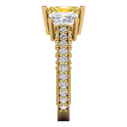 3.61 cttw Zirconia Simulated Yellow Diamond Three-Stone Engagement Ring - Solid Gold (VVS1, Emerald Cut,8x6mm)