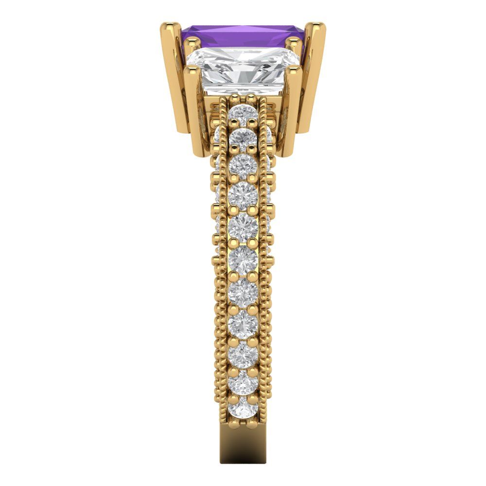 3.61 cttw Natural Amethyst Three-Stone Engagement Ring - Solid Gold (Emerald Cut,8x6mm)