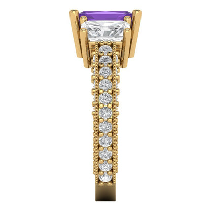 3.61 cttw Natural Amethyst Three-Stone Engagement Ring - Solid Gold (Emerald Cut,8x6mm)