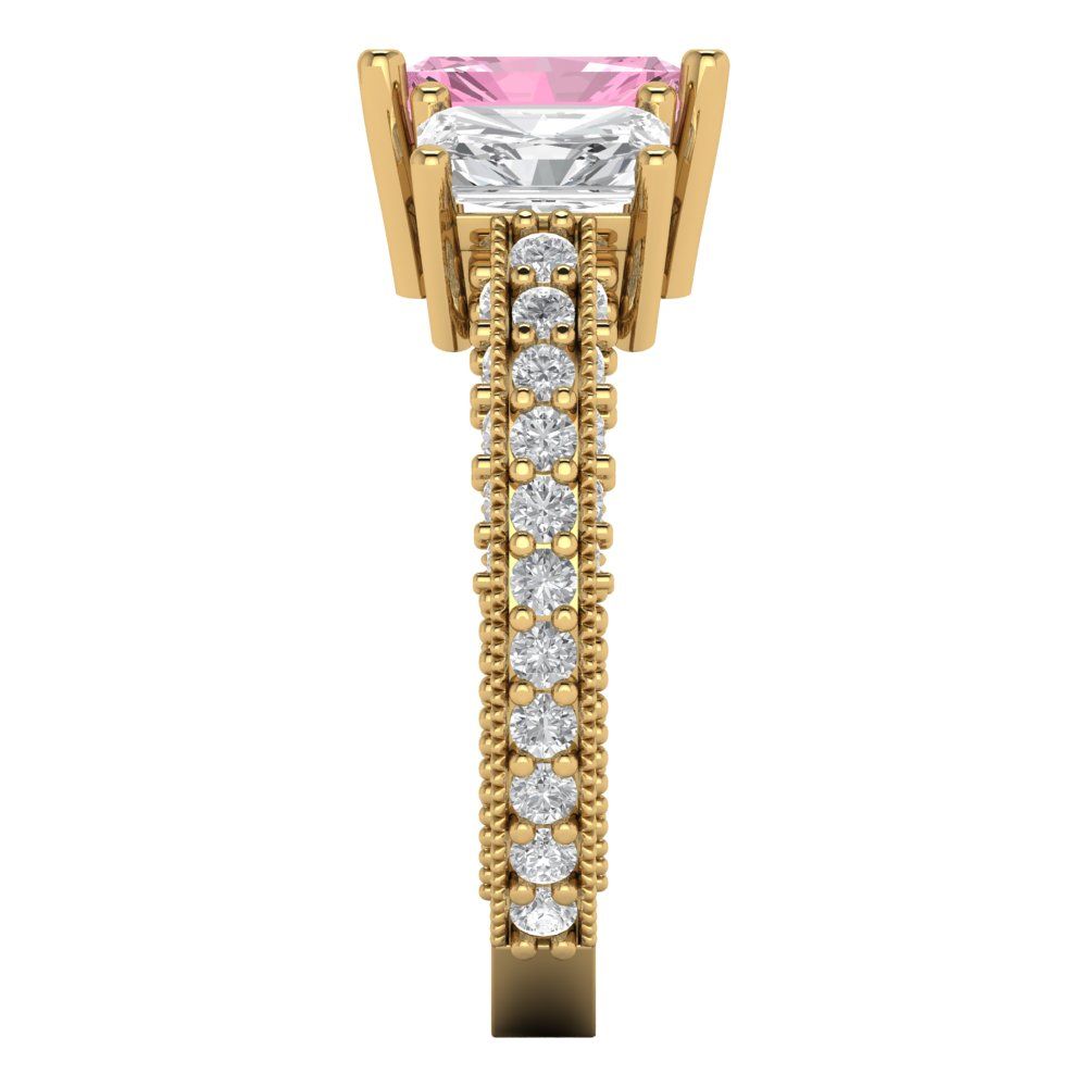 3.61 cttw Zirconia Simulated Pink Diamond Three-Stone Engagement Ring - Solid Gold (VVS1, Emerald Cut,8x6mm)