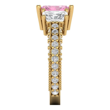 3.61 cttw Zirconia Simulated Pink Diamond Three-Stone Engagement Ring - Solid Gold (VVS1, Emerald Cut,8x6mm)