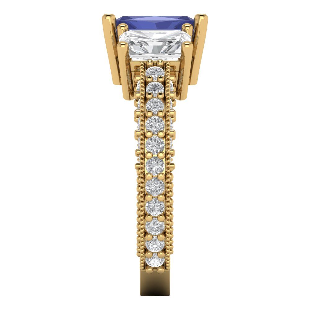 3.61 cttw Simulated Tanzanite Three-Stone Engagement Ring - Solid Yellow Gold (VVS1, Emerald Cut,8x6mm)