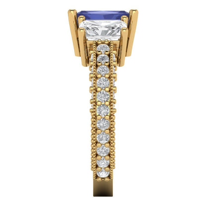 3.61 cttw Simulated Tanzanite Three-Stone Engagement Ring - Solid Yellow Gold (VVS1, Emerald Cut,8x6mm)