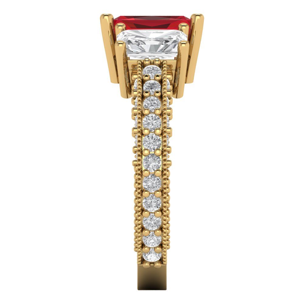 3.61 cttw Simulated Pink Tourmaline Three-Stone Engagement Ring - Solid Yellow Gold (VVS1, Emerald Cut,8x6mm)