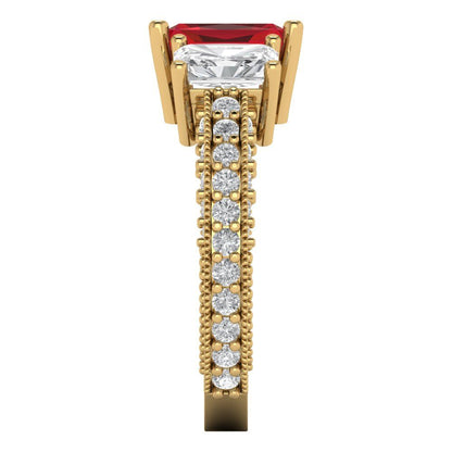 3.61 cttw Simulated Pink Tourmaline Three-Stone Engagement Ring - Solid Yellow Gold (VVS1, Emerald Cut,8x6mm)