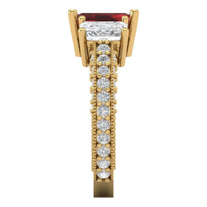 3.61 cttw Natural Garnet Three-Stone Engagement Ring - Solid Gold (Emerald Cut,8x6mm)