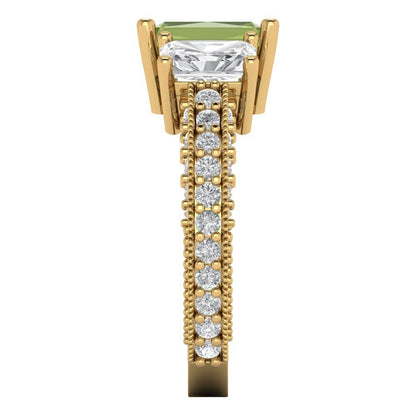 3.61 cttw Natural Peridot Three-Stone Engagement Ring - Solid Gold (Emerald Cut,8x6mm)