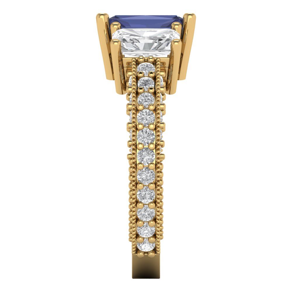 3.61 cttw Simulated Blue Sapphire Three-Stone Engagement Ring - Solid Gold (Emerald Cut,8x6mm)