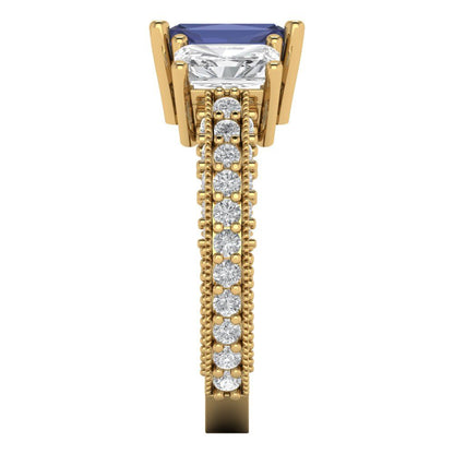 3.61 cttw Simulated Blue Sapphire Three-Stone Engagement Ring - Solid Gold (Emerald Cut,8x6mm)