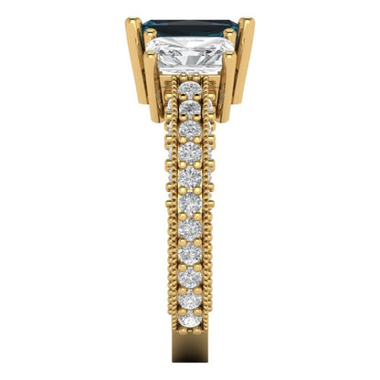 3.61 cttw Natural London Blue Topaz Three-Stone Engagement Ring - Solid Gold (Emerald Cut,8x6mm)