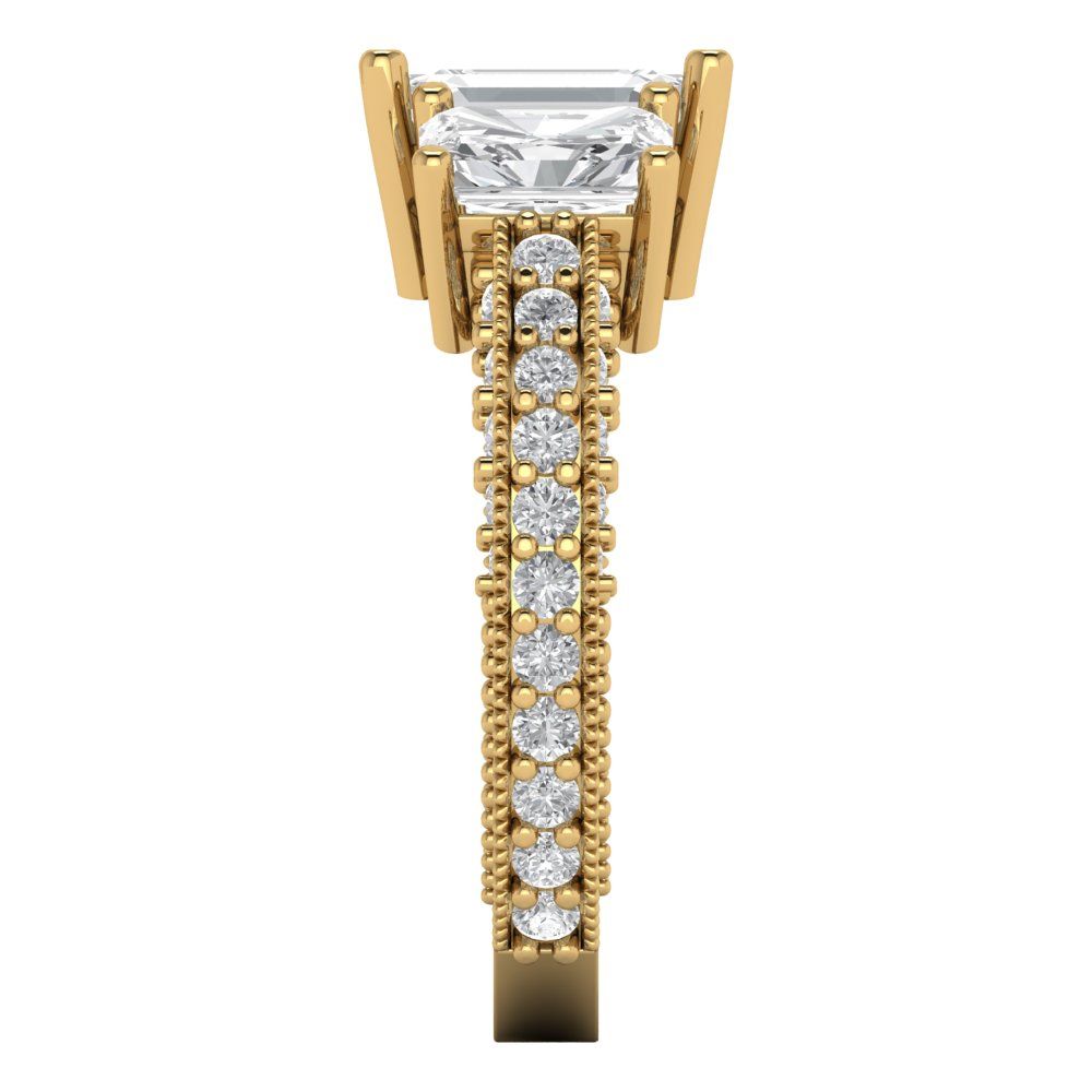 3.61 cttw Moissanite Three-Stone Engagement Ring - Solid Yellow Gold (VVS1, Emerald Cut,8x6mm)