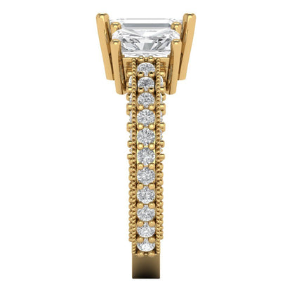 3.61 cttw Moissanite Three-Stone Engagement Ring - Solid Yellow Gold (VVS1, Emerald Cut,8x6mm)