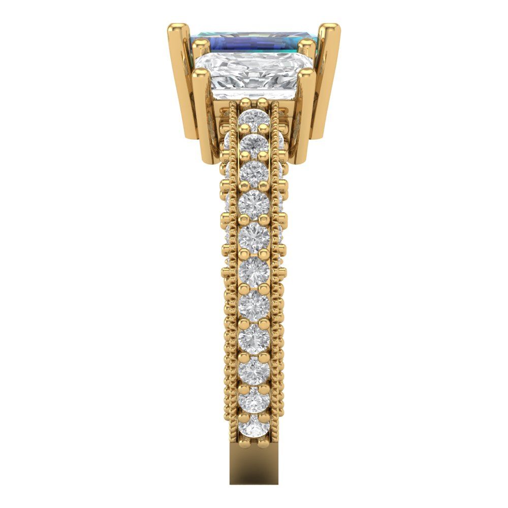 3.61 cttw Blue Moissanite Three-Stone Engagement Ring - Solid Gold (Emerald Cut,8x6mm)