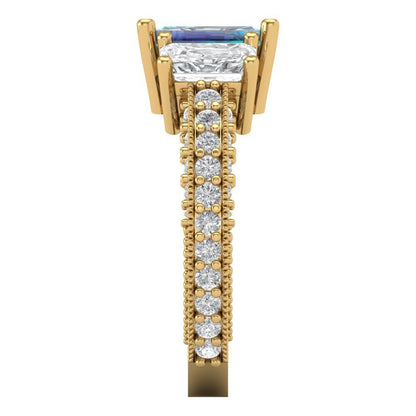 3.61 cttw Blue Moissanite Three-Stone Engagement Ring - Solid Gold (Emerald Cut,8x6mm)