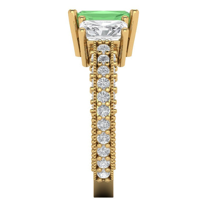 3.61 cttw Zirconia Simulated Green Diamond Three-Stone Engagement Ring - Solid Gold (VVS1, Emerald Cut,8x6mm)