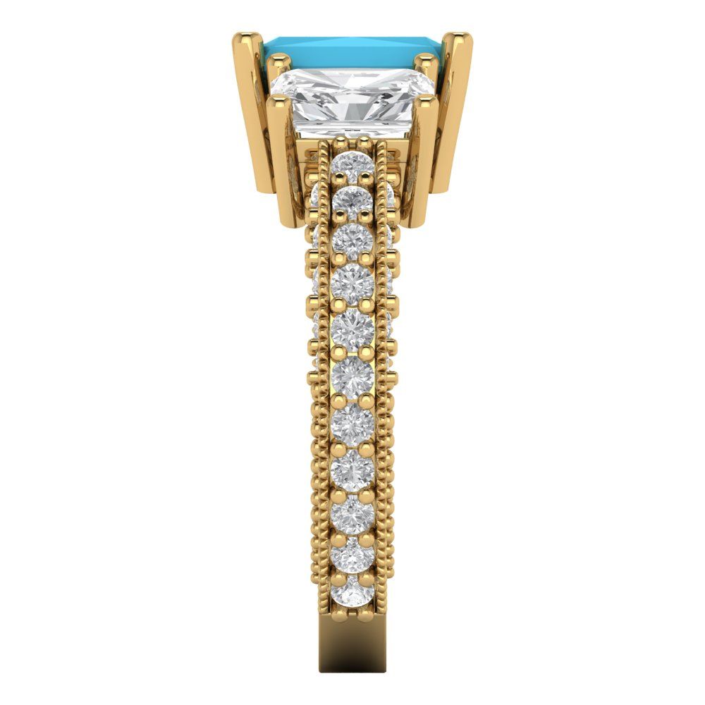 3.61 cttw Simulated Turquoise Three-Stone Engagement Ring - Solid Gold (Emerald Cut,8x6mm)