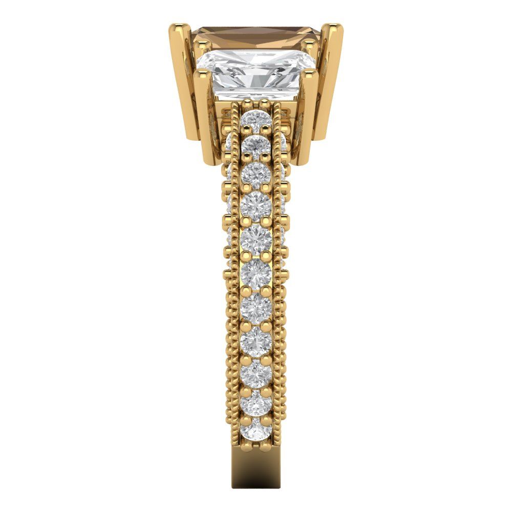 3.61 cttw Zirconia Simulated Champagne Diamond Three-Stone Engagement Ring - Solid Gold (VVS1, Emerald Cut,8x6mm)