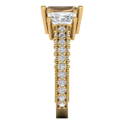 3.61 cttw Zirconia Simulated Champagne Diamond Three-Stone Engagement Ring - Solid Gold (VVS1, Emerald Cut,8x6mm)