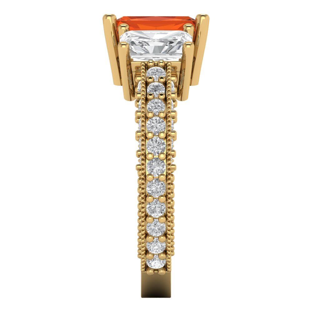 3.61 cttw Zirconia Simulated Red Diamond Three-Stone Engagement Ring - Solid Gold (VVS1, Emerald Cut,8x6mm)