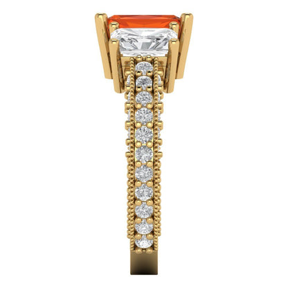 3.61 cttw Zirconia Simulated Red Diamond Three-Stone Engagement Ring - Solid Gold (VVS1, Emerald Cut,8x6mm)